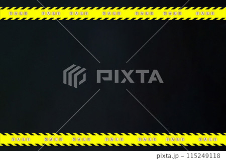 上下にセールのブロックが連続して並ぶ注意の斜線が入った黄色いテープの黒いフレーム 上下にセールのブロックが連続して並ぶ注意の斜線が入った黄色いテープの黒いフレーム 115249118