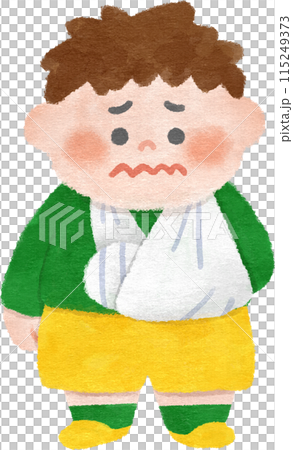骨折してギプスをする男の子　手描きイラスト素材 115249373