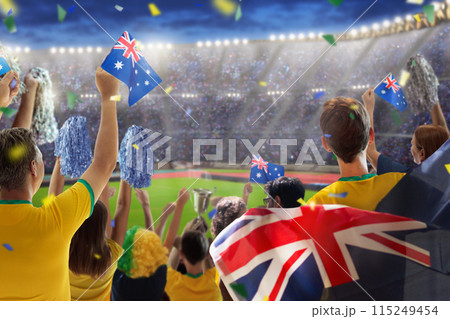 Australia fans on stadium. Australian supporters. Australia fans on stadium. Australian supporters. 115249454