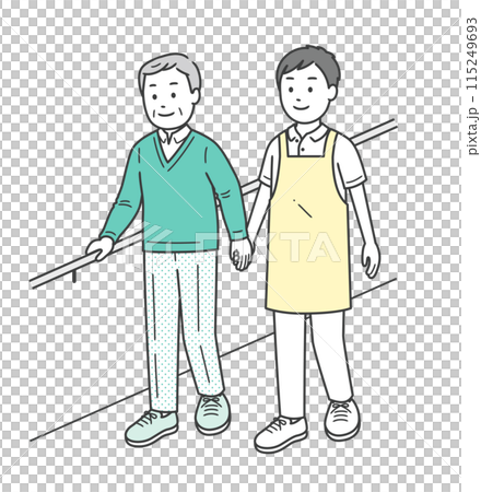 Illustration of an elderly man and his caregiver smiling as they hold onto a handrail and do walking training 115249693