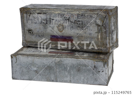 Soviet army boxes of 14.5mm ammunition. Text in russian - "When shooting, lubricate the cartridge case" and type of ammunition, projectile caliber, projectile type. Soviet army boxes of 14.5mm ammunition. Text in russian - "When shooting, lubricate the cartridge case" and type of ammunition, projectile caliber, projectile type. 115249765