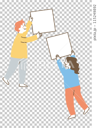 正方形のパネルを持っている男性と女性_色 115249892