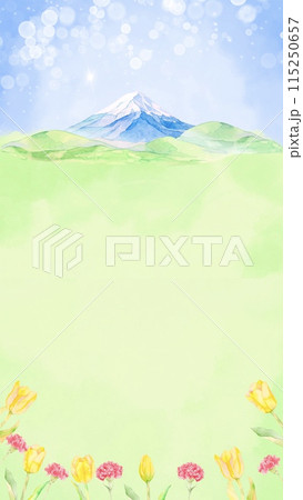水彩で描いた春の花と富士山と青空の背景イラスト 115250657