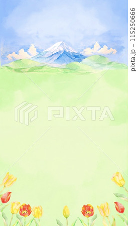 水彩で描いた春の花と富士山と青空の背景イラスト 115250666