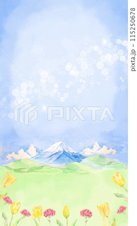 水彩で描いた春の花と富士山と青空の背景イラスト 115250678