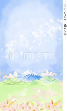 水彩で描いた春の花と富士山と青空の背景イラスト 115250679
