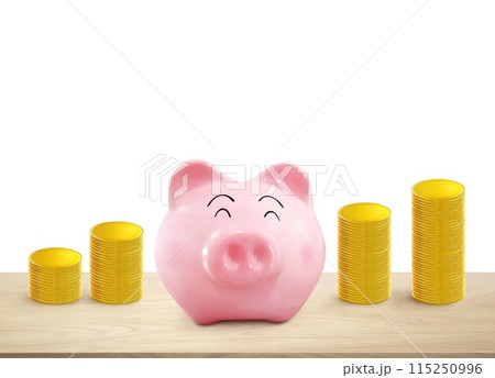 Piggy bank, pile of gold coins on a wooden table with a white background. Piggy bank, pile of gold coins on a wooden table with a white background. 115250996