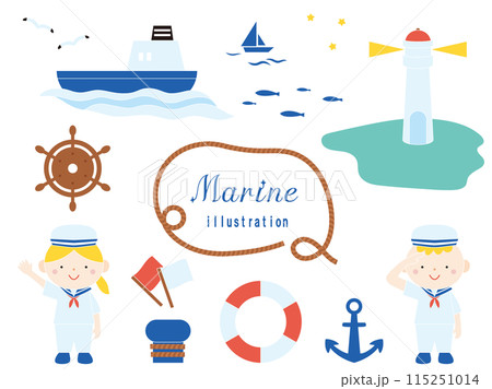 海にまつわるかわいいイラストのセット 115251014