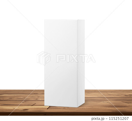 Empty box product packaging box mockup on a wooden table, white background. 115251207