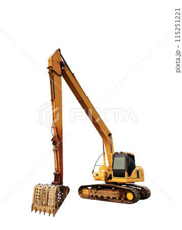 Excavator digging in construction site isolated on white background 115251221
