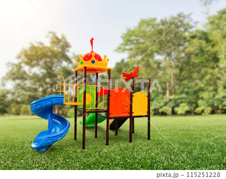 Slides, colorful rides for children in the park, children's corner 115251228