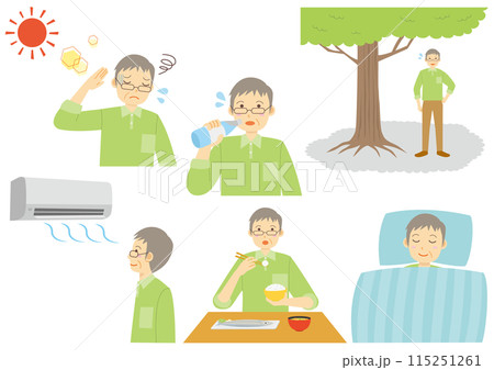 熱中症対策をする年配の男性のイラストのセット 115251261