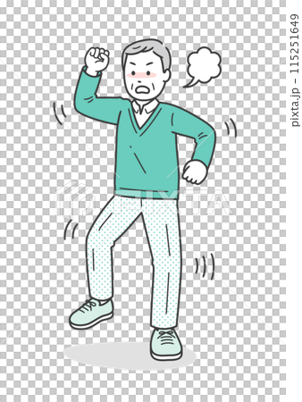 一位老人憤怒地揮舞拳頭並踩在地板上的插圖 115251649
