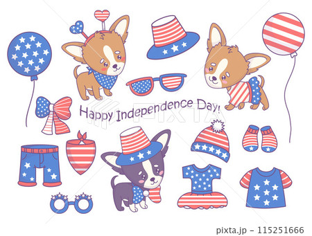 Independence Day set. Cute festive dogs chihuahua with patriotic clothes, accessories, balloons, party decorations in American flag colors. Cartoon funny kawaii pet. Isolated vector illustrations. Independence Day set. Cute festive dogs chihuahua with patriotic clothes, accessories, balloons, party decorations in American flag colors. Cartoon funny kawaii pet. Isolated vector illustrations. 115251666