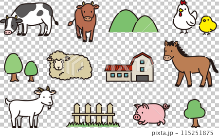 かわいい牧場の動物たちイラストセット かわいい牧場の動物たちイラストセット 115251875