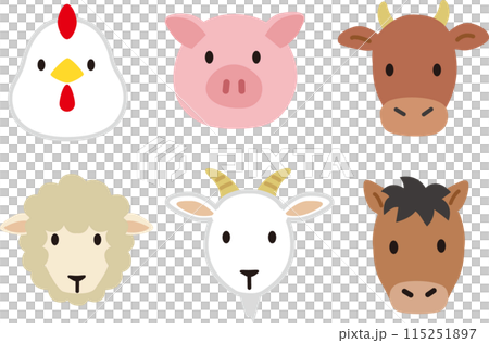 Simple and cute farm animal, carnivorous animal face icon illustration 115251897