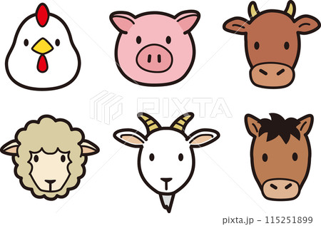 シンプルでかわいい家畜、食肉動物の顔アイコンイラスト 115251899