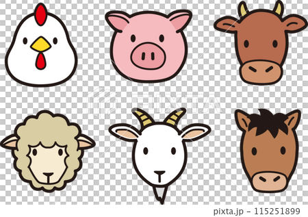 Simple and cute farm animal, carnivorous animal face icon illustration 115251899
