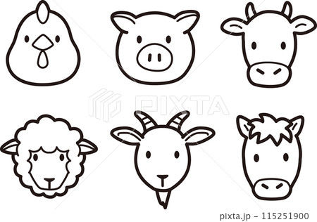 シンプルでかわいい家畜、食肉動物の顔アイコンイラスト 115251900