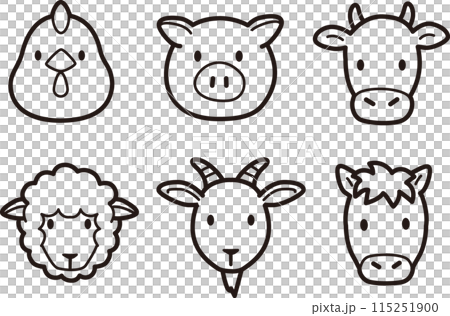 シンプルでかわいい家畜、食肉動物の顔アイコンイラスト 115251900