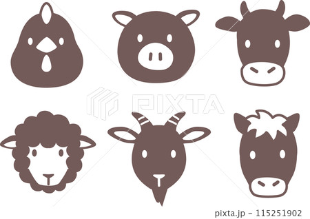 シンプルでかわいい家畜、食肉動物の顔アイコンイラスト 115251902