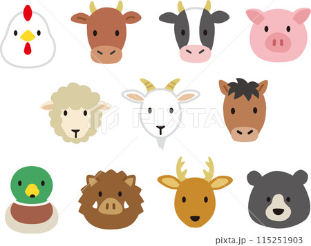 シンプルでかわいい野生、家畜、食肉動物の顔アイコンイラスト 115251903