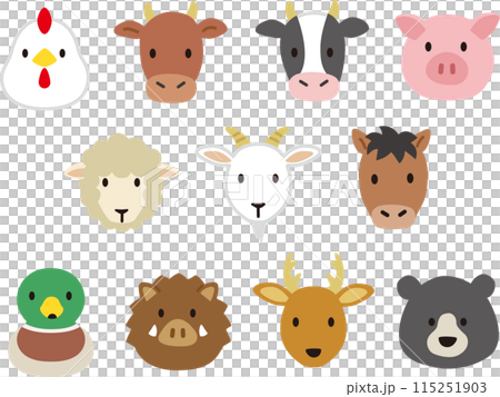 シンプルでかわいい野生、家畜、食肉動物の顔アイコンイラスト 115251903