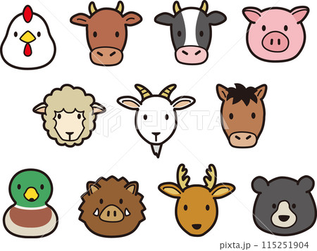 シンプルでかわいい野生、家畜、食肉動物の顔アイコンイラスト 115251904