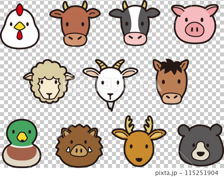シンプルでかわいい野生、家畜、食肉動物の顔アイコンイラスト 115251904