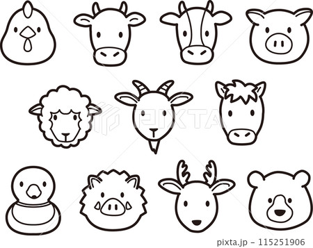 シンプルでかわいい野生、家畜、食肉動物の顔アイコンイラスト 115251906
