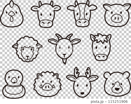 Simple and cute wild, domestic and carnivorous animal face icon illustrations 115251906