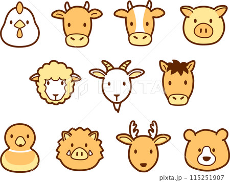 シンプルでかわいい野生、家畜、食肉動物の顔アイコンイラスト シンプルでかわいい野生、家畜、食肉動物の顔アイコンイラスト 115251907