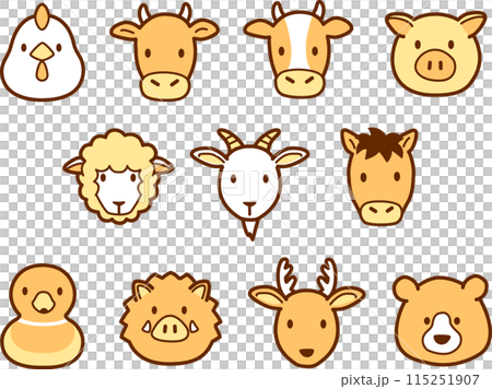 シンプルでかわいい野生、家畜、食肉動物の顔アイコンイラスト シンプルでかわいい野生、家畜、食肉動物の顔アイコンイラスト 115251907