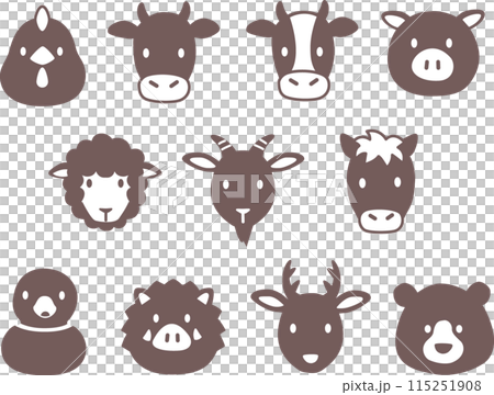 シンプルでかわいい野生、家畜、食肉動物の顔アイコンイラスト シンプルでかわいい野生、家畜、食肉動物の顔アイコンイラスト 115251908