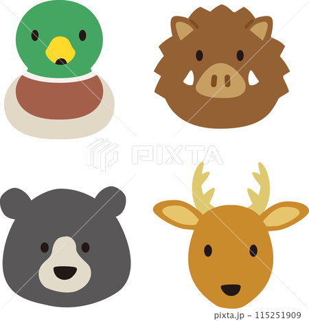 シンプルでかわいい野生動物、ジビエの顔アイコンイラスト シンプルでかわいい野生動物、ジビエの顔アイコンイラスト 115251909