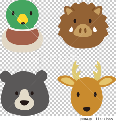シンプルでかわいい野生動物、ジビエの顔アイコンイラスト シンプルでかわいい野生動物、ジビエの顔アイコンイラスト 115251909