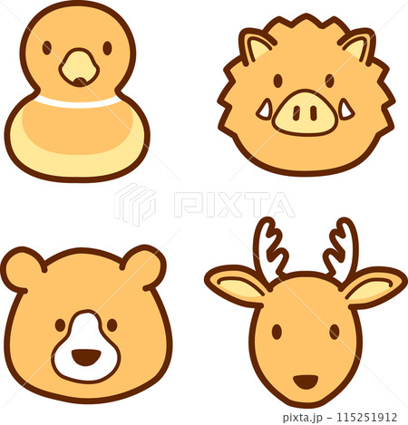 シンプルでかわいい野生動物、ジビエの顔アイコンイラスト 115251912