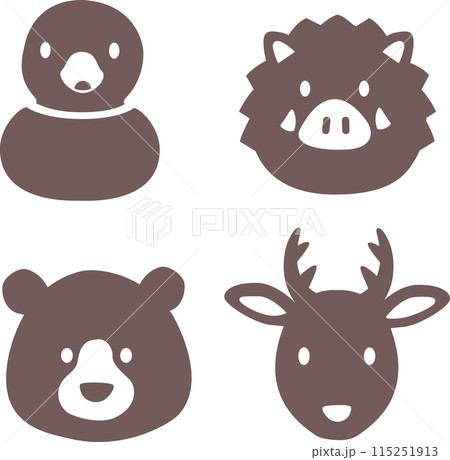 シンプルでかわいい野生動物、ジビエの顔アイコンイラスト 115251913