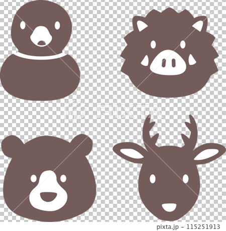 シンプルでかわいい野生動物、ジビエの顔アイコンイラスト 115251913