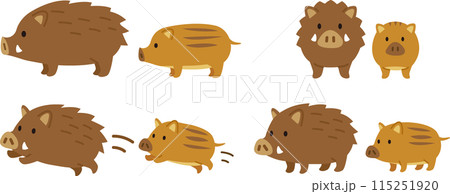 シンプルでかわいいイノシシとうり坊のイラストセット シンプルでかわいいイノシシとうり坊のイラストセット 115251920