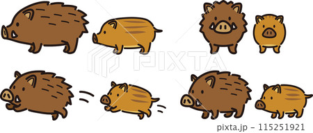 シンプルでかわいいイノシシとうり坊のイラストセット 115251921