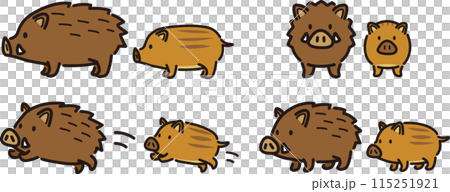 シンプルでかわいいイノシシとうり坊のイラストセット 115251921