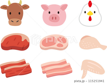 シンプルな食肉と動物のイラストセット。鶏肉、豚肉、牛肉 シンプルな食肉と動物のイラストセット。鶏肉、豚肉、牛肉 115251941