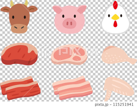 シンプルな食肉と動物のイラストセット。鶏肉、豚肉、牛肉 シンプルな食肉と動物のイラストセット。鶏肉、豚肉、牛肉 115251941