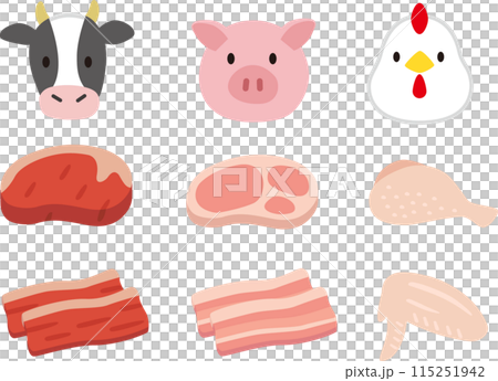 簡單的肉類和動物插圖集。雞肉、豬肉、牛肉 115251942