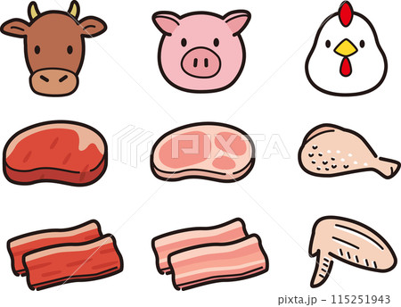 シンプルな食肉と動物のイラストセット。鶏肉、豚肉、牛肉 115251943