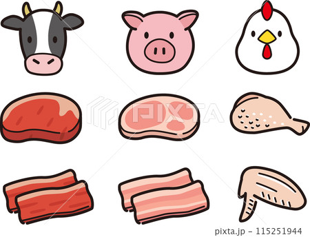 シンプルな食肉と動物のイラストセット。鶏肉、豚肉、牛肉 シンプルな食肉と動物のイラストセット。鶏肉、豚肉、牛肉 115251944