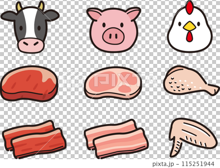 A simple set of meat and animal illustrations. Chicken, pork, beef 115251944