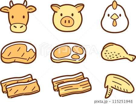 シンプルな食肉と動物のイラストセット。鶏肉、豚肉、牛肉 シンプルな食肉と動物のイラストセット。鶏肉、豚肉、牛肉 115251948