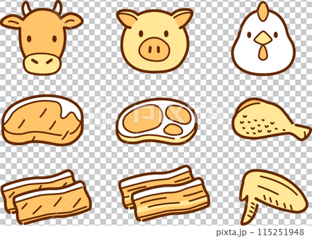 簡單的肉類和動物插圖集。雞肉、豬肉、牛肉 115251948